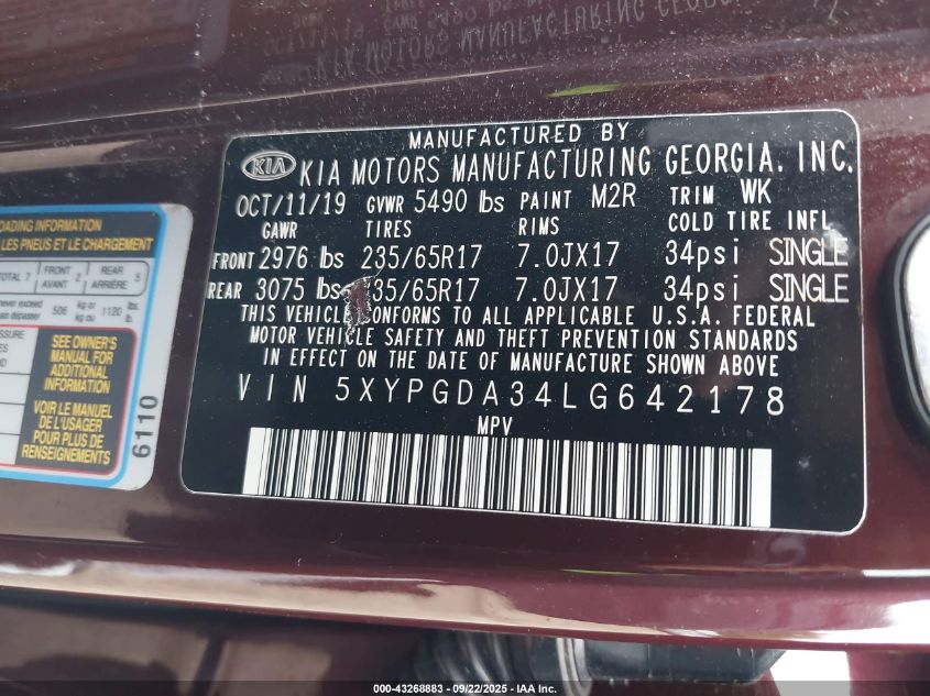 2020 Kia Sorento 2.4L Lx VIN: 5XYPGDA34LG642178 Lot: 43268883