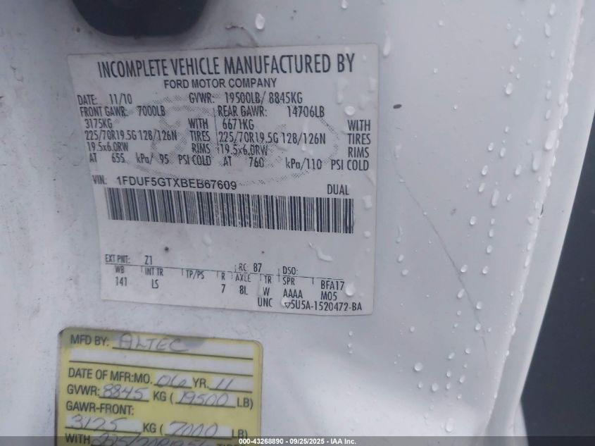 2011 Ford F-550 Chassis Xl VIN: 1FDUF5GTXBEB67609 Lot: 43268890