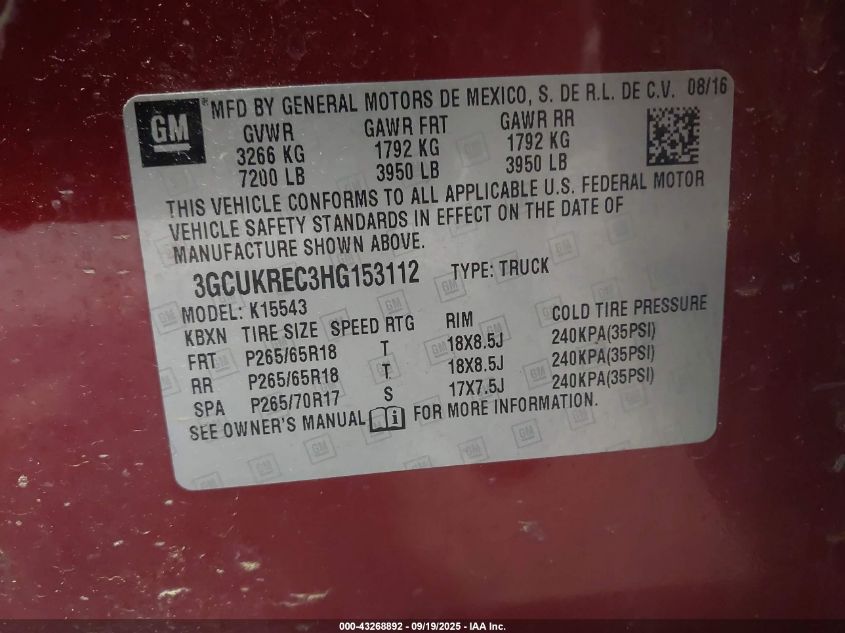 2017 Chevrolet Silverado 1500 2Lt VIN: 3GCUKREC3HG153112 Lot: 43268892