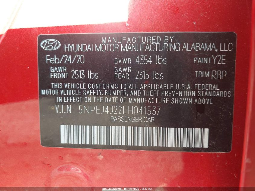 2020 Hyundai Sonata Sel Plus VIN: 5NPEJ4J22LH041537 Lot: 43268894