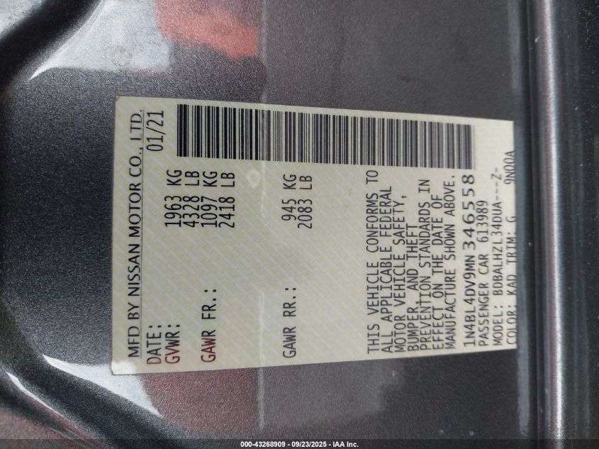 2021 Nissan Altima Sv Fwd VIN: 1N4BL4DV9MN346558 Lot: 43268909