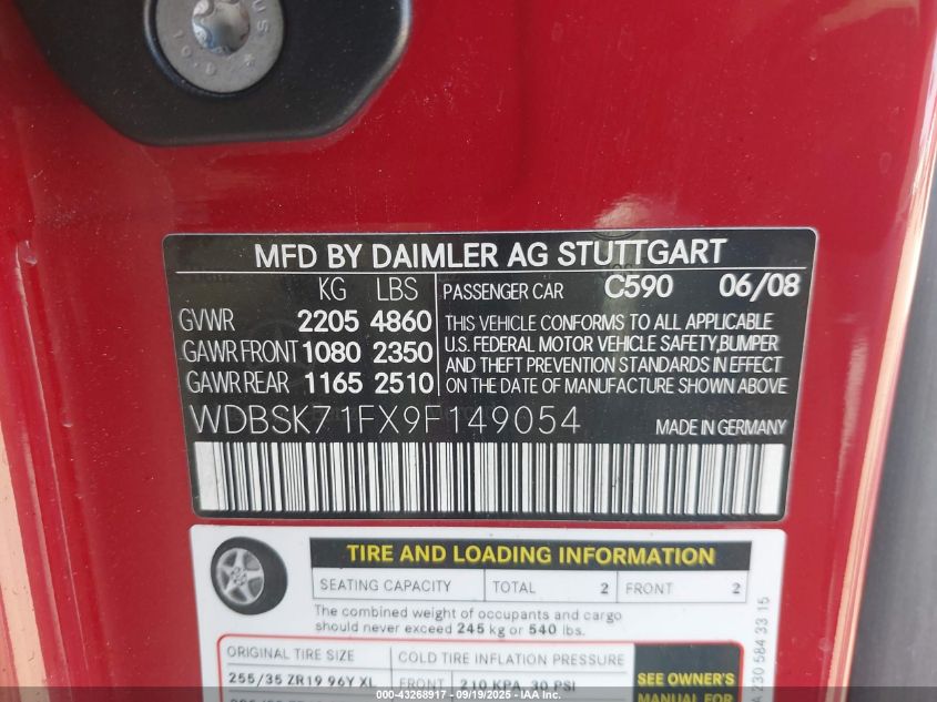 2009 Mercedes-Benz Sl 550 VIN: WDBSK71FX9F149054 Lot: 43268917