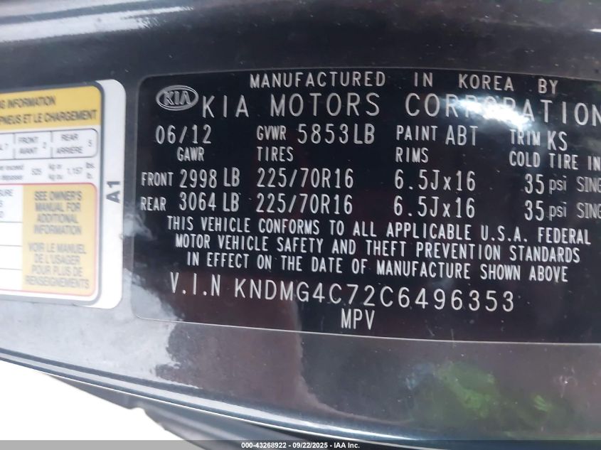 2012 Kia Sedona Lx VIN: KNDMG4C72C6496353 Lot: 43268922