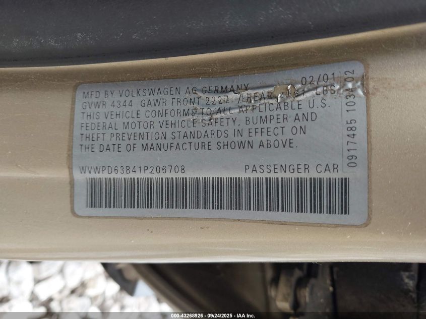 2001 Volkswagen Passat Gls VIN: WVWPD63B41P206708 Lot: 43268926
