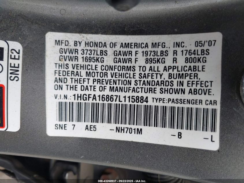 2007 Honda Civic Ex VIN: 1HGFA16867L115884 Lot: 43268937