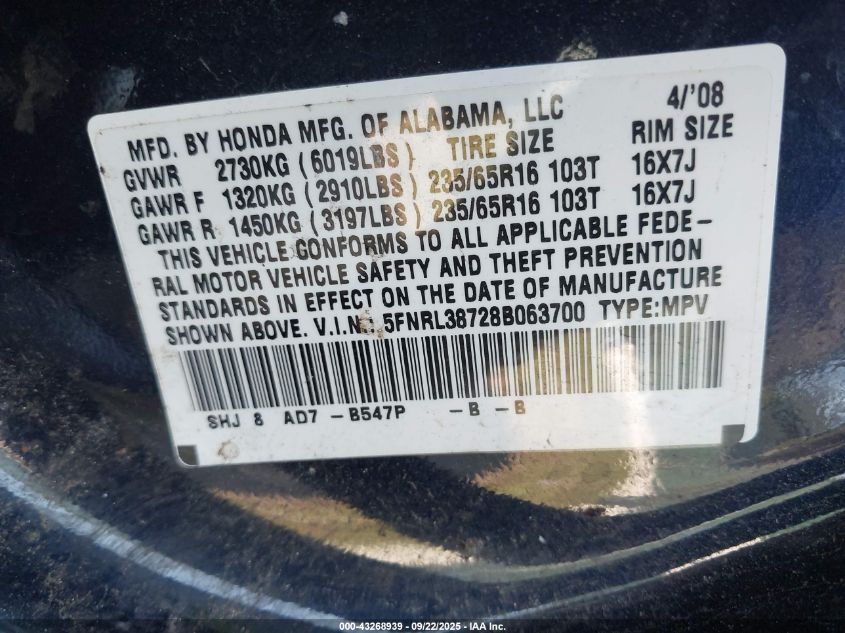 2008 Honda Odyssey Ex-L VIN: 5FNRL38728B063700 Lot: 43268939