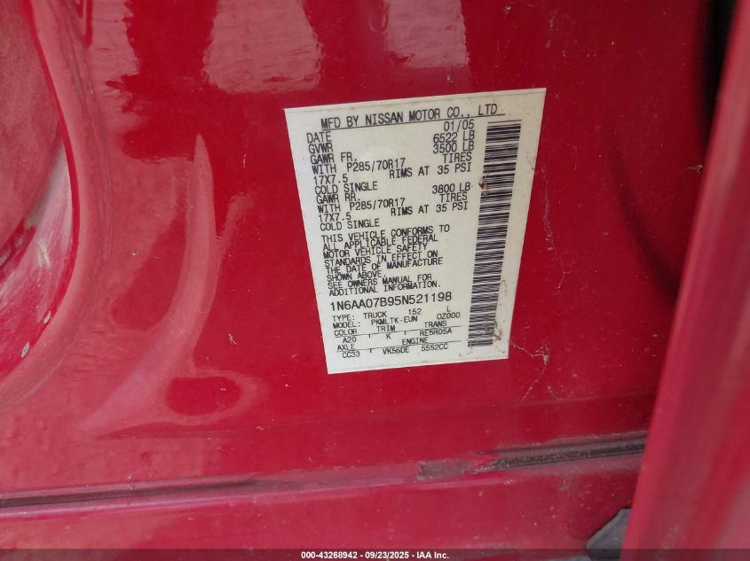 2005 Nissan Titan Se VIN: 1N6AA07B95N521198 Lot: 43268942