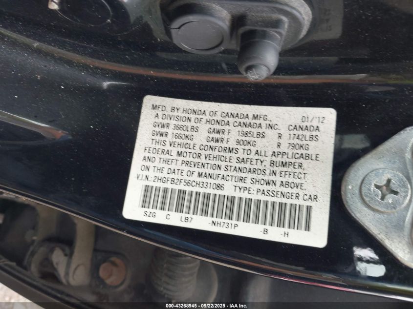 2012 Honda Civic Lx VIN: 2HGFB2F56CH331086 Lot: 43268945