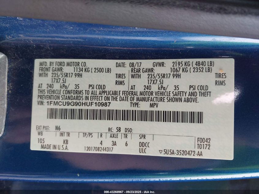 2017 Ford Escape Se VIN: 1FMCU9G90HUF10987 Lot: 43268967