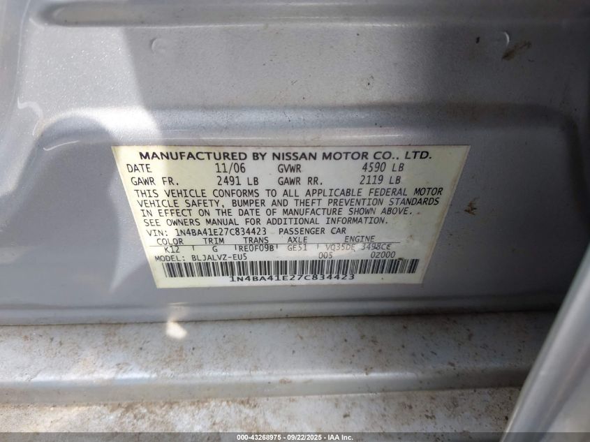 2007 Nissan Maxima 3.5 Se VIN: 1N4BA41E27C834423 Lot: 43268975