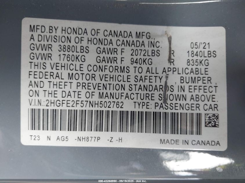 2022 Honda Civic Sport VIN: 2HGFE2F57NH502762 Lot: 43268990