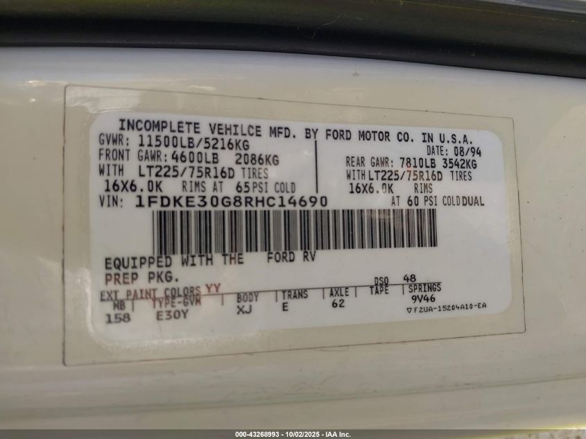 1994 Ford Econoline E350 Cutaway Van VIN: 1FDKE30G8RHC14690 Lot: 43268993