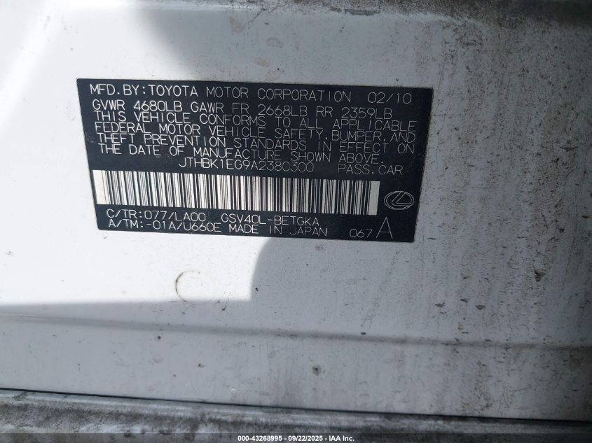 2010 Lexus Es 350 VIN: JTHBK1EG9A2380300 Lot: 43268995