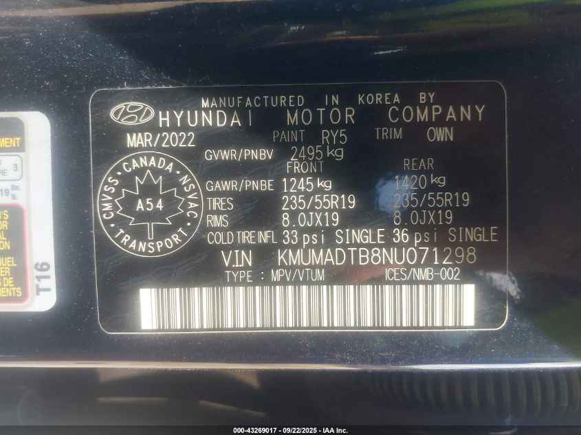 2022 Genesis Gv70 2.5T Advanced Plus Awd VIN: KMUMADTB8NU071298 Lot: 43269017