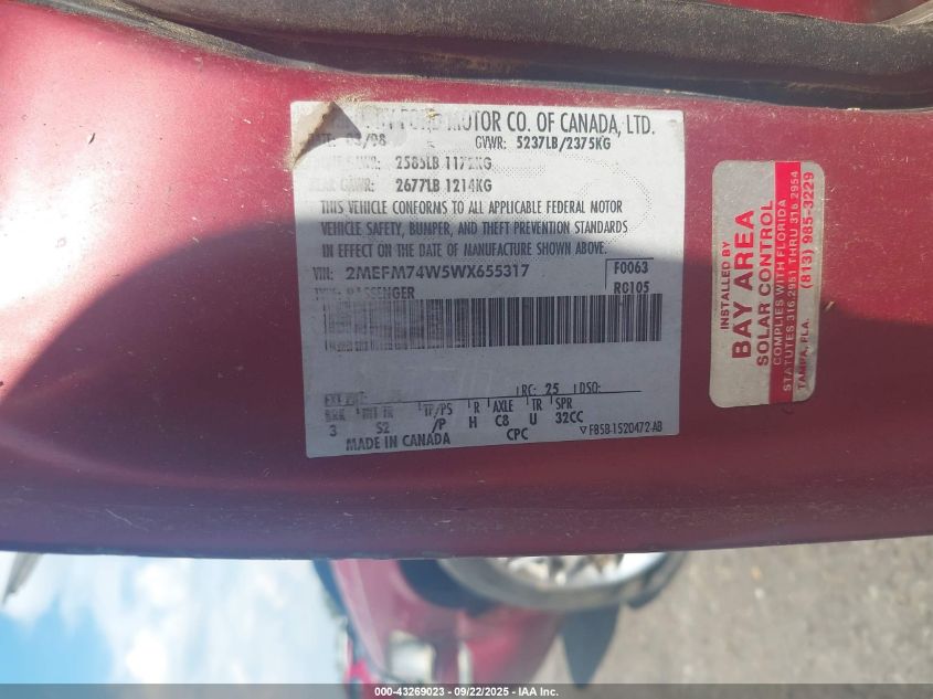 1998 Mercury Grand Marquis VIN: 2MEFM74W5WX655317 Lot: 43269023