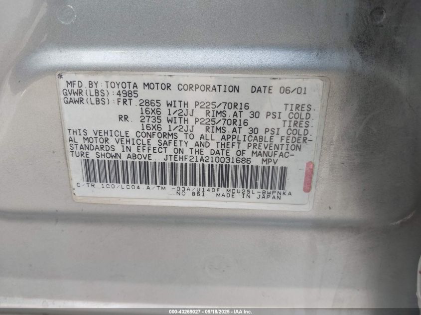 2001 Toyota Highlander V6 VIN: JTEHF21A210031686 Lot: 43269027