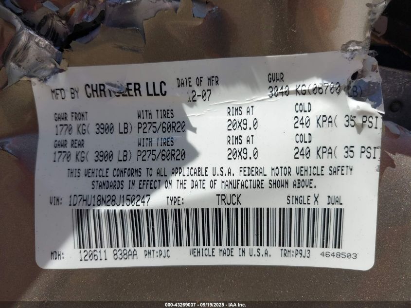 2008 Dodge Ram 1500 Slt VIN: 1D7HU18N28J150247 Lot: 43269037