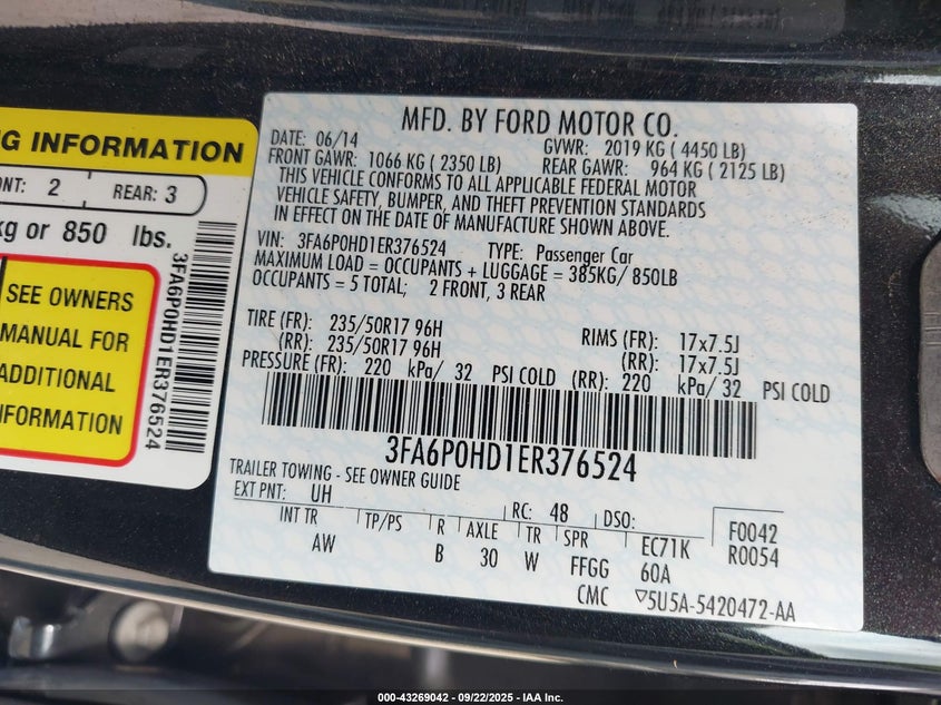 2014 Ford Fusion Se VIN: 3FA6P0HD1ER376524 Lot: 43269042