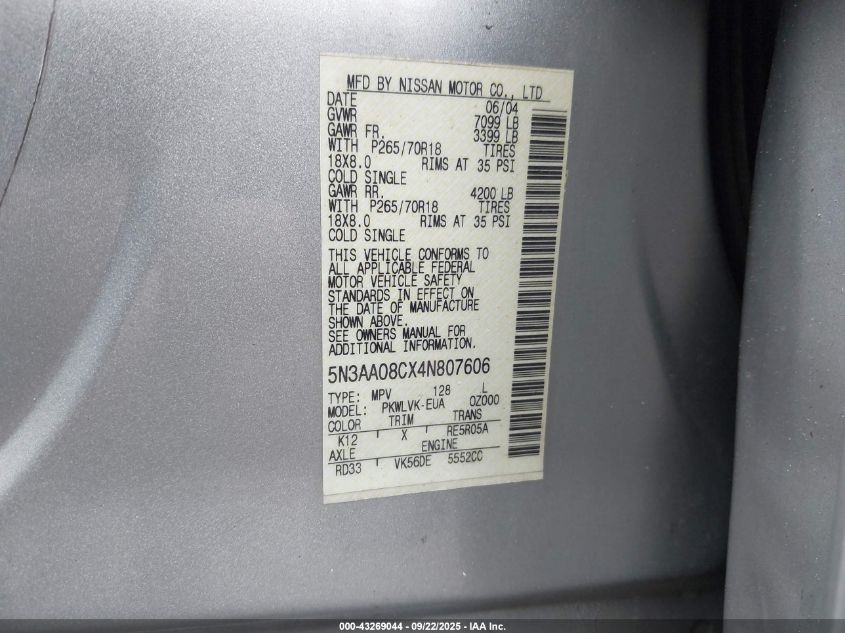 2004 Infiniti Qx56 VIN: 5N3AA08CX4N807606 Lot: 43269044