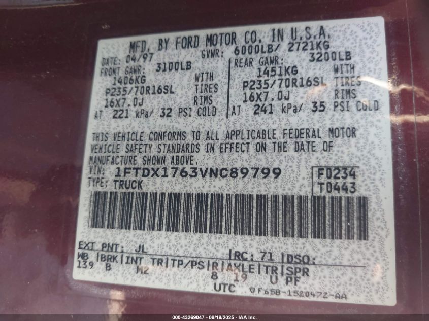 1997 Ford F-150 Lariat/Standard/Xl/Xlt VIN: 1FTDX1763VNC89799 Lot: 43269047
