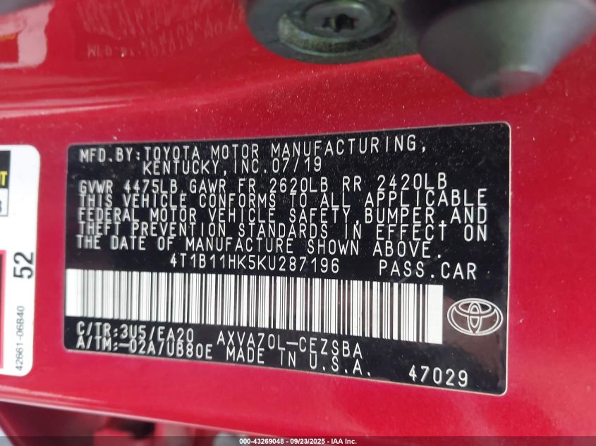 2019 Toyota Camry Se VIN: 4T1B11HK5KU287196 Lot: 43269048