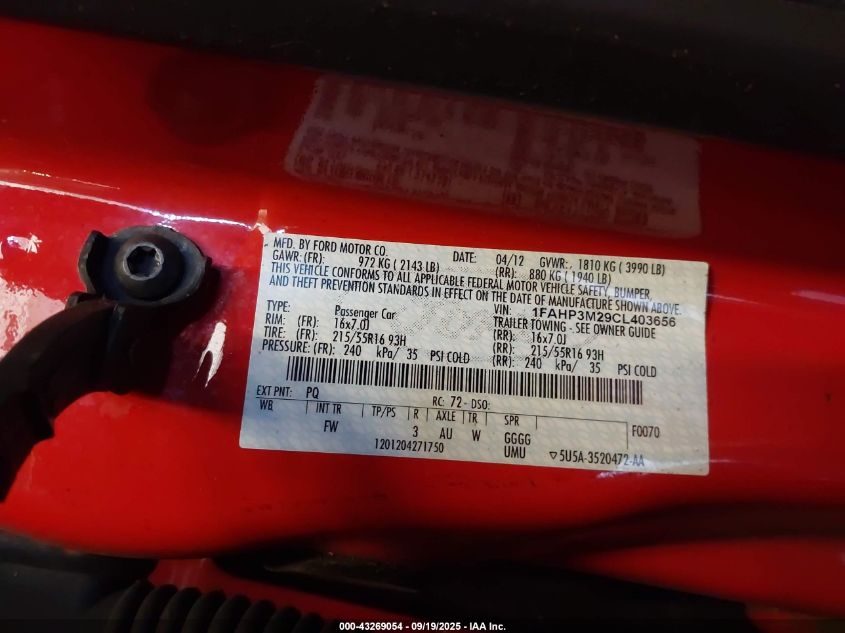 2012 Ford Focus Sel VIN: 1FAHP3M29CL403656 Lot: 43269054