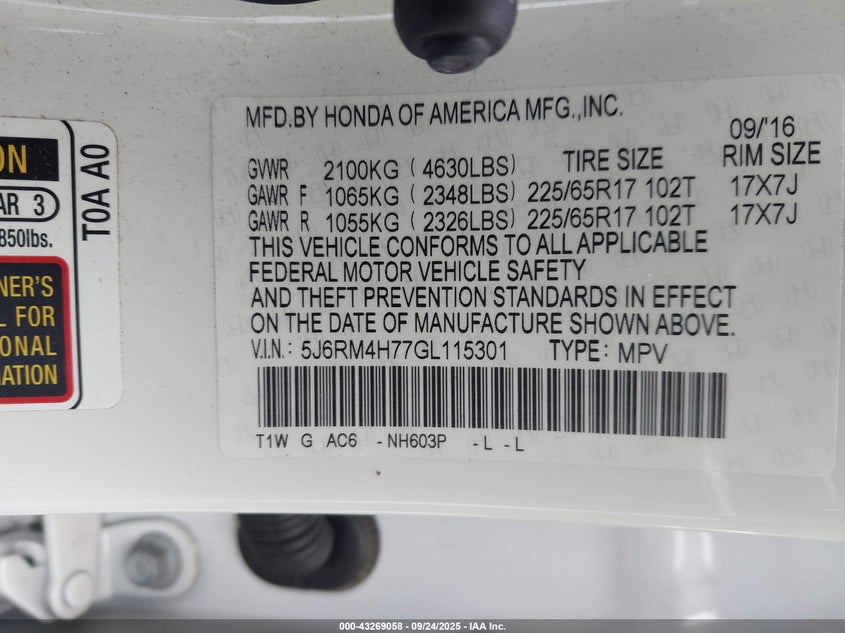 2016 HONDA CR-V EX-L - 5J6RM4H77GL115301