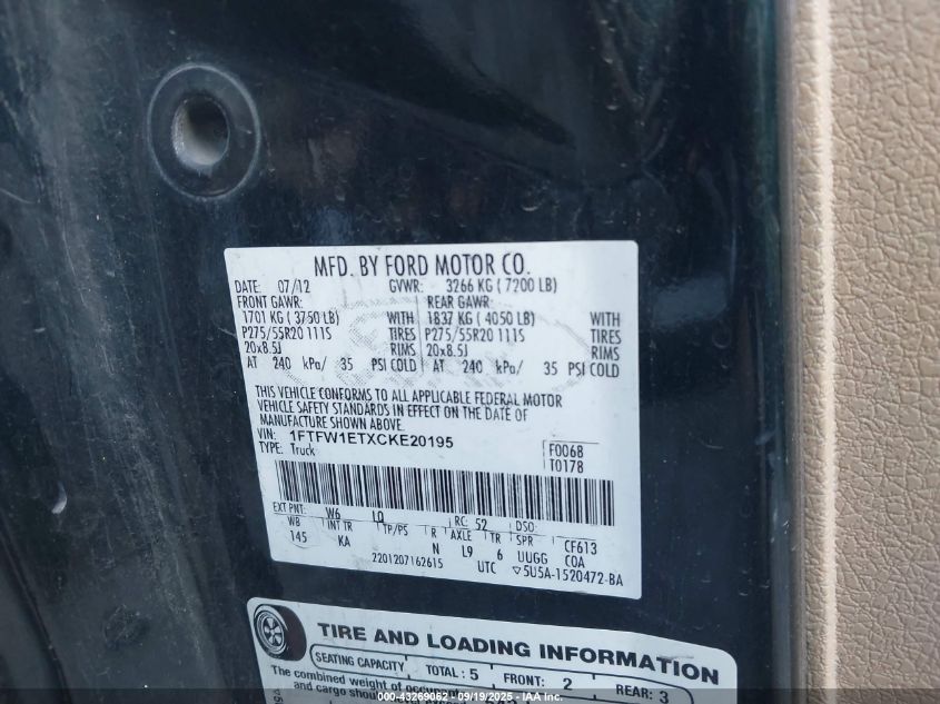 2012 Ford F150 King Ranch VIN: 1FTFW1ETXCKE20195 Lot: 43269062