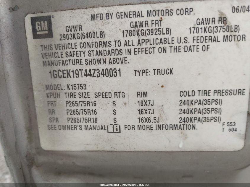 2004 Chevrolet Silverado 1500 Z71 VIN: 1GCEK19T44Z340031 Lot: 43269064