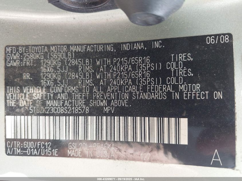 2008 Toyota Sienna Le VIN: 5TDZK23C08S218578 Lot: 43269071