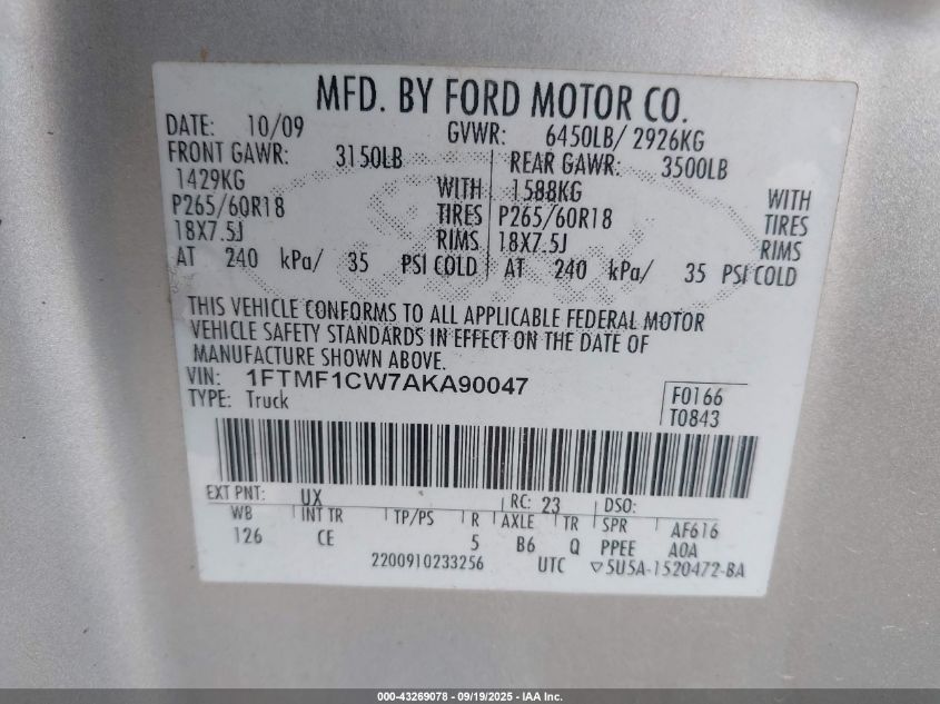 2010 Ford F-150 Stx/Xl/Xlt VIN: 1FTMF1CW7AKA90047 Lot: 43269078