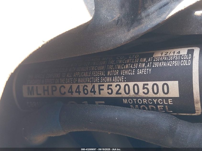 2015 Honda Cbr500 R VIN: MLHPC4464F5200500 Lot: 43269097
