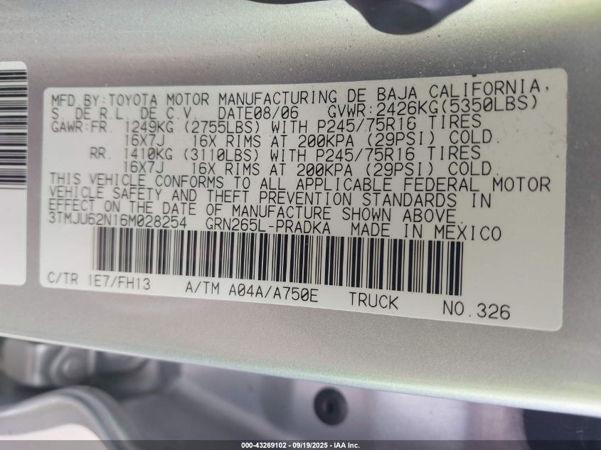 2006 Toyota Tacoma Prerunner V6 VIN: 3TMJU62N16M028254 Lot: 43269102