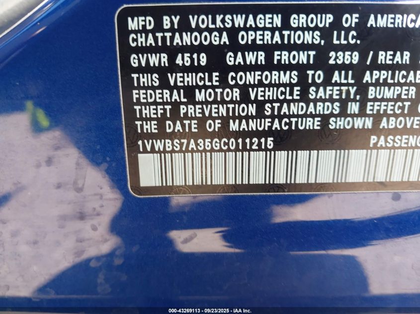 2016 Volkswagen Passat 1.8T Se VIN: 1VWBS7A35GC011215 Lot: 43269113