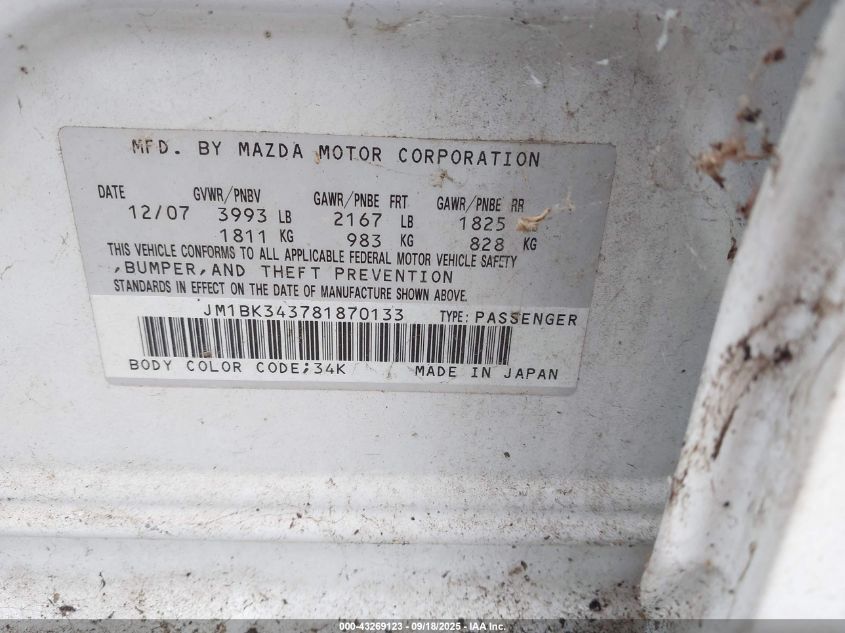 2008 Mazda Mazda3 S Touring VIN: JM1BK343781870133 Lot: 43269123