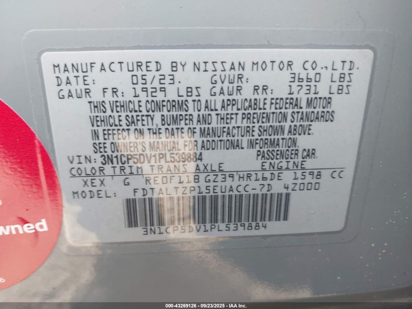 2023 Nissan Kicks Sr VIN: 3N1CP5DV1PL539884 Lot: 43269126