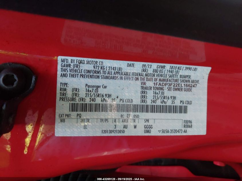 2014 Ford Focus Se VIN: 1FADP3F22EL166247 Lot: 43269128