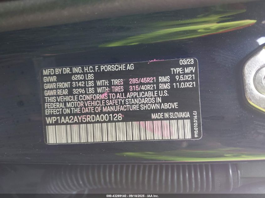 2024 Porsche Cayenne VIN: WP1AA2AY5RDA00128 Lot: 43269140