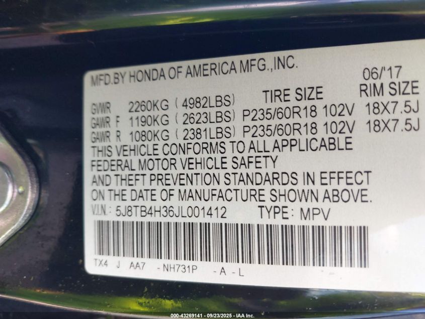 2018 Acura Rdx Acurawatch Plus Package VIN: 5J8TB4H36JL001412 Lot: 43269141