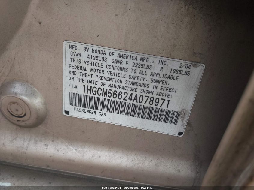2004 Honda Accord 2.4 Ex VIN: 1HGCM56624A078971 Lot: 43269161