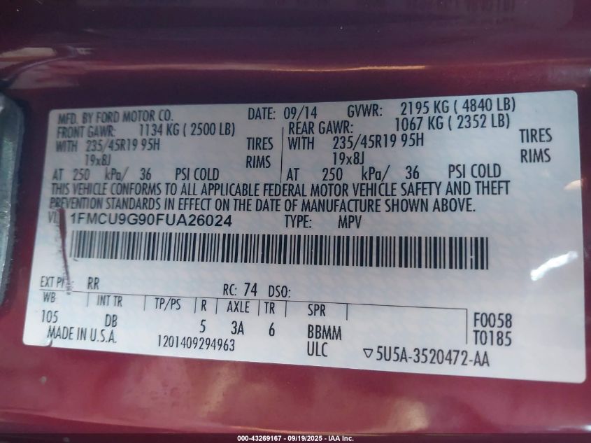 2015 Ford Escape Se VIN: 1FMCU9G90FUA26024 Lot: 43269167