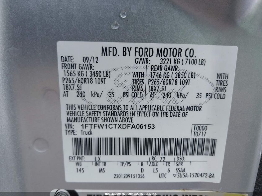 2013 Ford F-150 Xlt VIN: 1FTFW1CTXDFA06153 Lot: 43269175