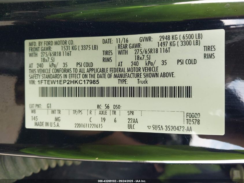 2017 Ford F-150 Xlt VIN: 1FTEW1EP2HKC17985 Lot: 43269183