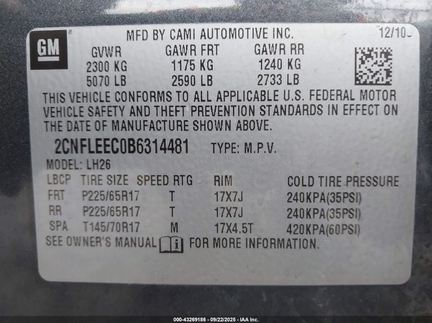 2011 Chevrolet Equinox 1Lt VIN: 2CNFLEEC0B6314481 Lot: 43269186