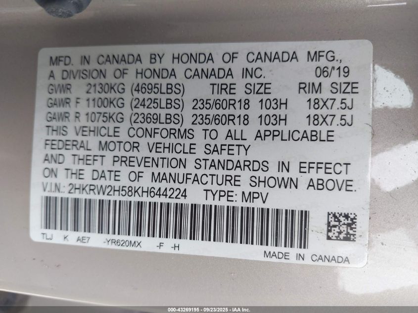 2019 Honda Cr-V Ex VIN: 2HKRW2H58KH644224 Lot: 43269195