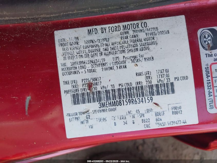 2009 Mercury Milan V6 Premier VIN: 3MEHM08159R634159 Lot: 43269203