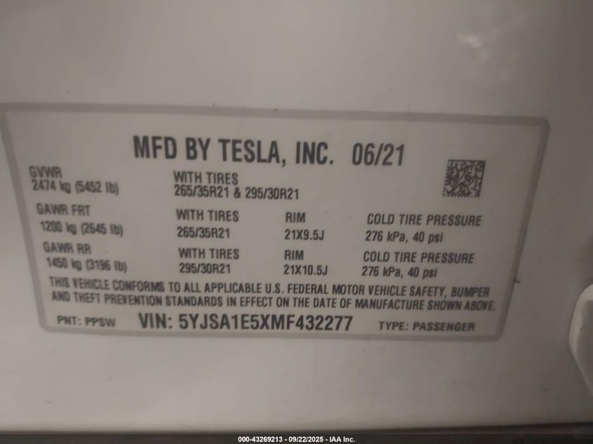 2021 Tesla Model S Long Range Dual Motor All-Wheel Drive VIN: 5YJSA1E5XMF432277 Lot: 43269213