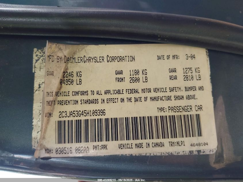 2005 Chrysler 300 Touring VIN: 2C3JA53G45H109396 Lot: 43269215