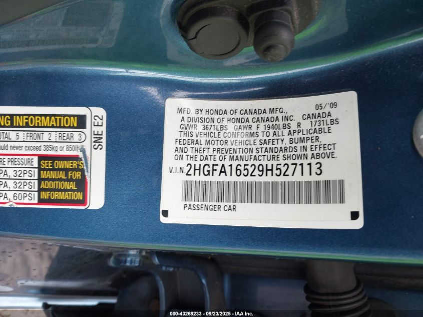 2009 Honda Civic Lx VIN: 2HGFA16529H527113 Lot: 43269233