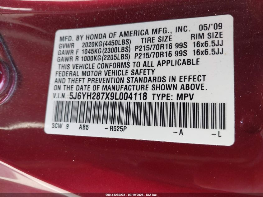 2009 Honda Element Ex VIN: 5J6YH287X9L004118 Lot: 43269231